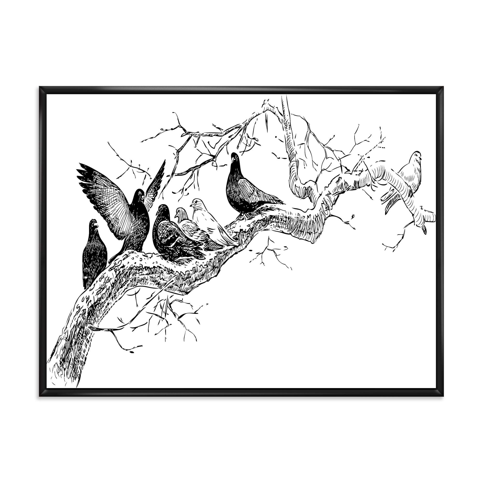 Pigeons Sitting On The Tree Branch 32 in x 16 in Framed Painting Canvas Art Print, by Designart