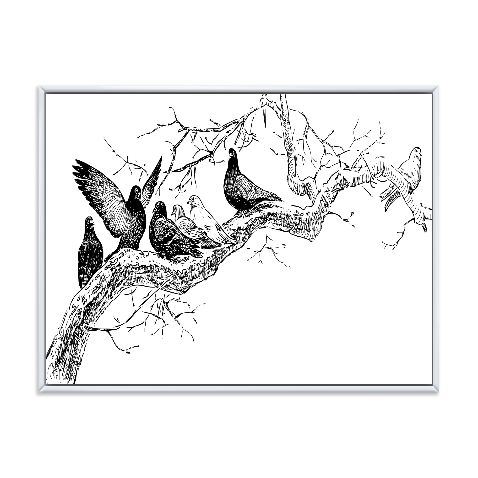 Pigeons Sitting On The Tree Branch 32 in x 24 in Framed Drawing Canvas Art Print, by Designart