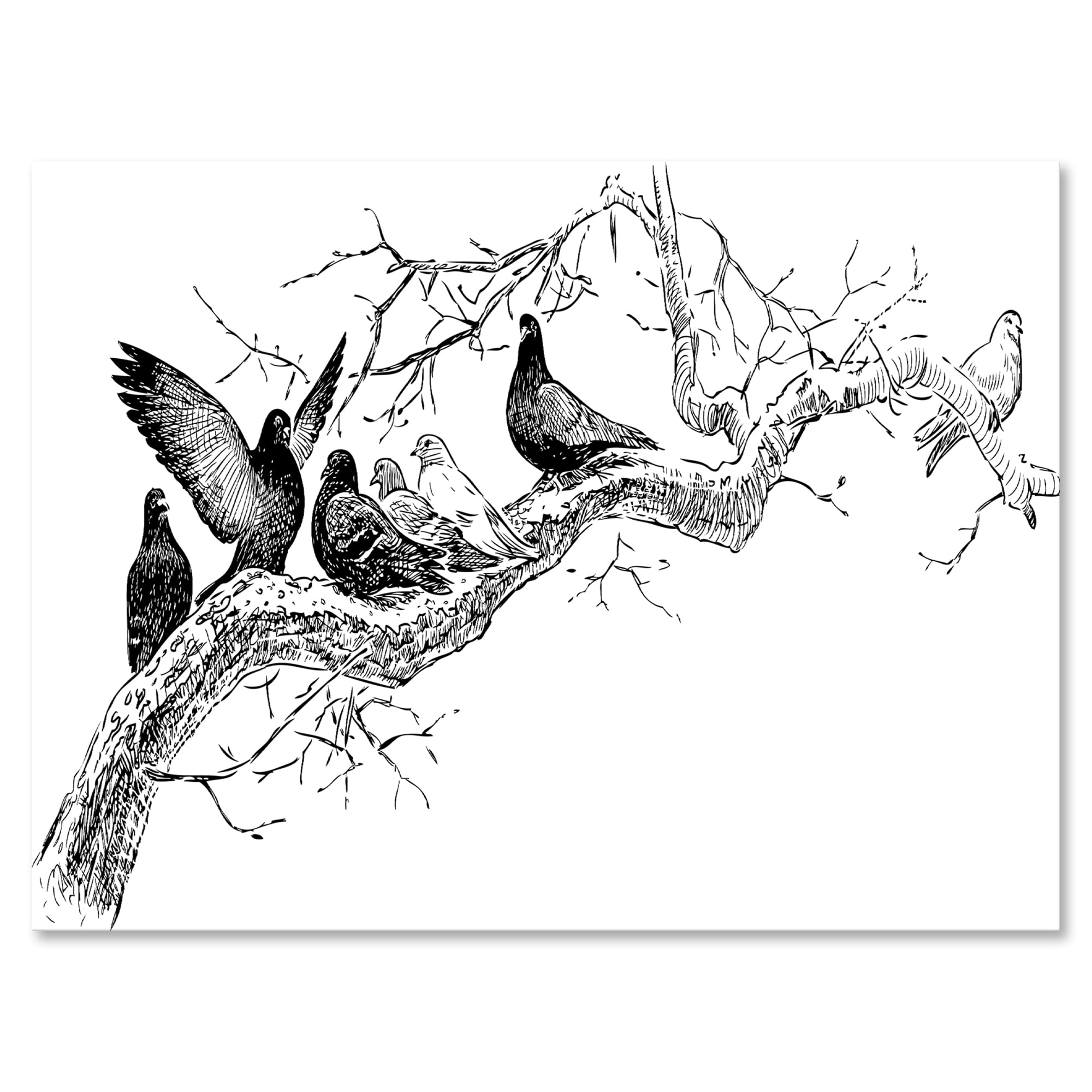 Pigeons Sitting On The Tree Branch 8 in x 12 in Painting Canvas Art Print, by Designart