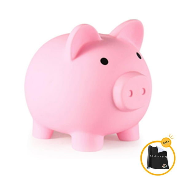 Piggy Bank with 18" × 79" Chalkboard Peel and Stick Wallpaper, Coin Bank for Boy & Girl, Unbreakable Money Bank Home Decoration Savings Christmas/Halloween/Birthday Gifts (Pink, Large)