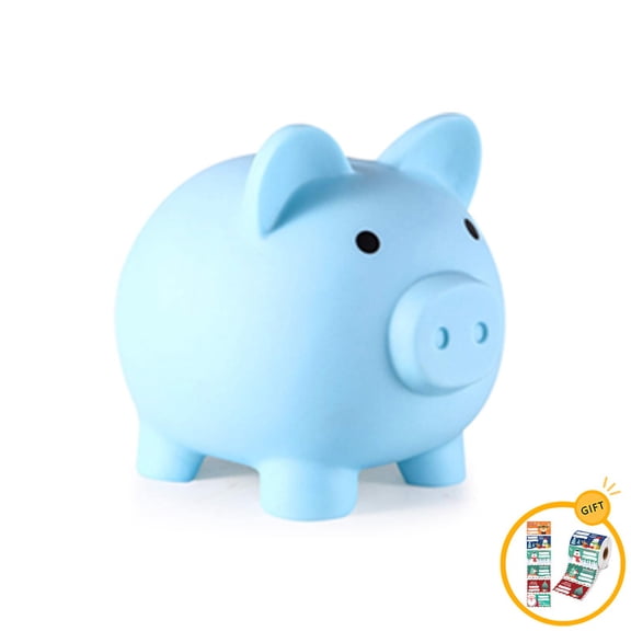 Piggy Bank with 200 Pcs Gift Tags for Kid & Adult, Cute Coin Bank for Boys & Girls, Children's Plastic Shatterproof Money Bank, Toys Gifts Savings Jar (Blue, Medium Size)