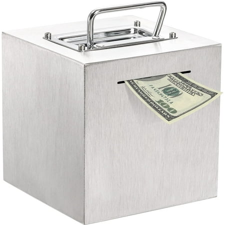 Piggy Bank for Adult, 6 Inch Cube Stainless Steel Money Saver Bank for Cash Saving to Help Budget and Save for Vacation Wedding, Reusable Metal Money Saving Box, Openable