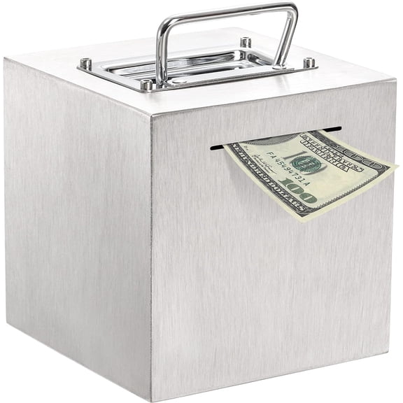 Piggy Bank for Adult, 6 Inch Cube Stainless Steel Money Saver Bank for Cash Saving to Help Budget and Save for Vacation Wedding, Reusable Metal Money Saving Box, Openable