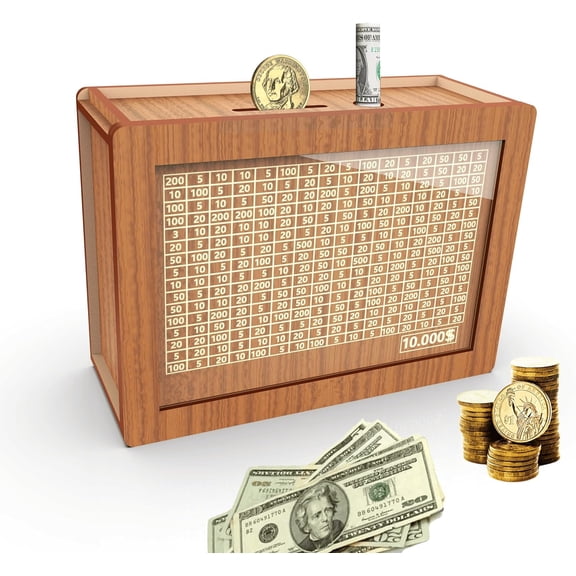 Piggy Bank for Adults Kids, Wooden Mony Bank Cash Vault Money Saving Box with Counter $10000 Savings Challenge Money Bank with Money Target and Numbers (Brown $10000)