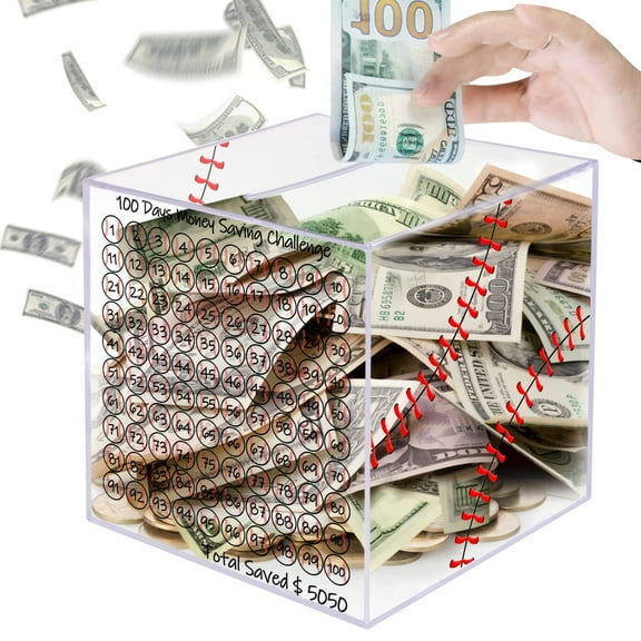 Piggy Bank for All Ages - Baseball Style Smash Box for Money,100 Day Savings Challenge,Unbreakable Clear Acrylic Money Saving Box for Cash Coin,Must Break to Open,Save $5050