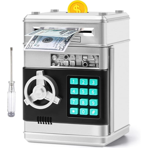 Piggy Bank for Boys Girls, ATM Coin Bank Money Saving Box with Password, Kids Safe Money Jar with Auto Grab Bill Slot, Birthday Gifts Toys Bank for 6 7 8 9 10 11 12 Year Old Girls Boys