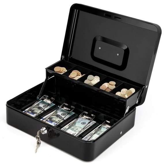 SkyAuks Piggy Bank, Cash Box with Money Tray and Key Lock to Secure Money, Jewelry, 11.8"x 9.5"x3.5", Black