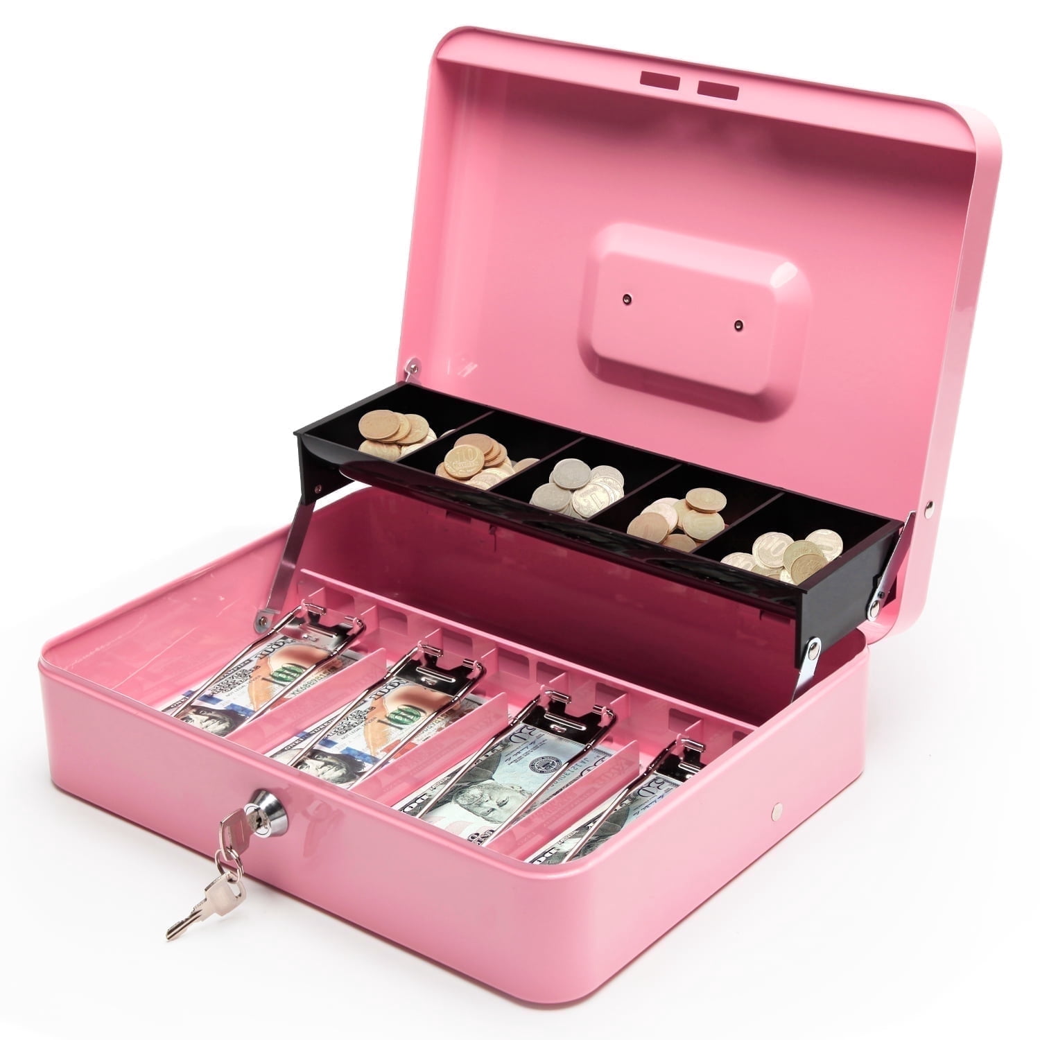 SkyAuks Piggy Bank, Cash Box with Money Tray and Key Lock to Secure Money, Jewelry, 11.8"x 9.5"x3.5", Pink