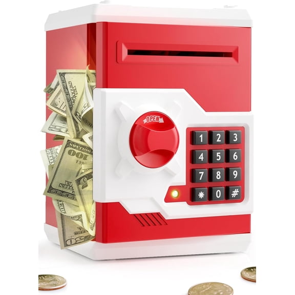 Piggy Bank for Girls Boys Large Electronic Money Coin Banks with Password Protection, Automatic Paper Money Scroll Saving Box, Great Gift for Kids (Black-Red)
