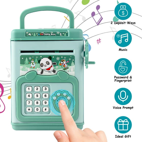Piggy Bank Toy, TeqHome Electronic Mini ATM Savings Machine Money Bank with Personal Password & Fingerprint Unlocking & Voice Prompt & Melodies for 3+ Years Boys and Girls (Green)