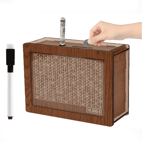 Piggy Bank for Adults & Kids, Money Saving Box Wooden Cash Money Piggy Bank, 10000 Savings Challenge Box,Coin Bank Toys Gift