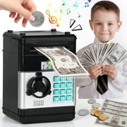Piggy Bank for Kids Girls Boys, Large Electronic Money Saving Box with Password Protection, Automatic Paper Money Scroll - Black