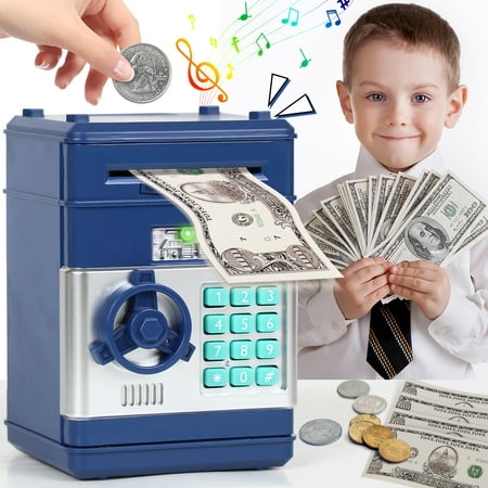 Piggy Bank for Kids Girls Boys, Large Electronic Money Saving Box with Password Protection, Automatic Paper Money Scroll - Blue