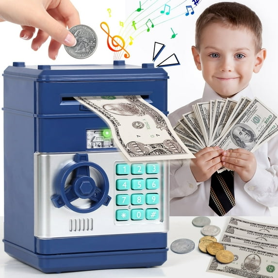Piggy Bank for Kids Girls Boys, Large Electronic Money Saving Box with Password Protection, Automatic Paper Money Scroll - Blue