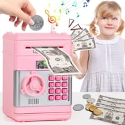 Piggy Bank for Kids Girls Boys, Large Electronic Money Saving Box with Password Protection, Automatic Paper Money Scroll - Pink