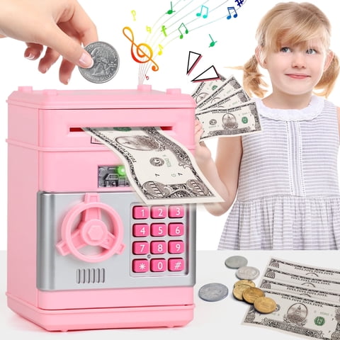 Piggy Bank for Kids Girls Boys, Large Electronic Money Saving Box with Password Protection, Automatic Paper Money Scroll - Pink