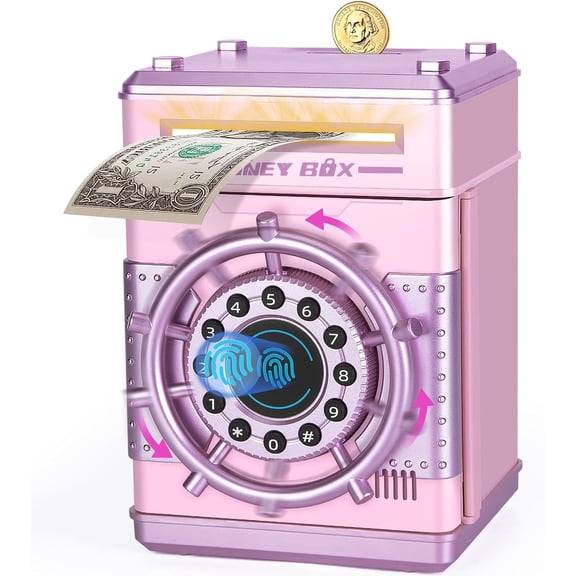 Piggy Banks for Girls, Electronic Money Bank Password Money Safe Cash Coin Piggy Bank, Fingerprint Simulation Bank Toys for 3 4 5 6 7 8 9 10 12 Year Old Girls Kids Birthday Xmas Gifts (Pink)
