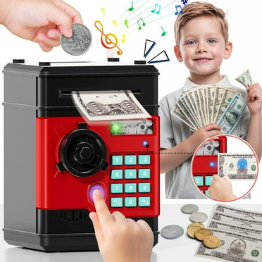 Piggy Banks for Kids, Money Bank with Fingerprint Recognition, Electronic Password Cash Coin Can ATM Bank with Auto Grab Bill Slot, Money Coin Saving Box for Kids, Perfect Gifts for Boys Girls, Red