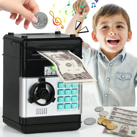 Piggy Banks for Kids, Money Bank, Piggy Bank for Boys Girls, Electronic Password Cash Coin Can ATM Bank with Auto Grab Bill Slot, Money Coin Saving Box for Kids, Perfect Gifts for Boys Girls, Black
