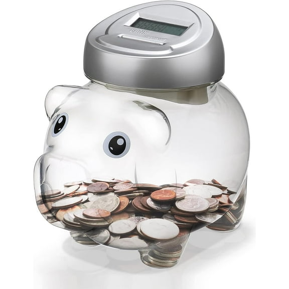 Piggy Digital Coin Bank, Automatic Coin Counter Totals All U.S. Coins, Clear Money Saving Jar with LCD Display, Silver