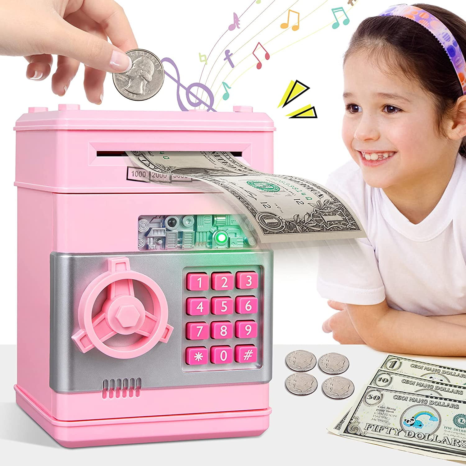HKHDICL Piggy Bank Toys for Kids Girls Aged 6 7 8 9 10,ATM Cash