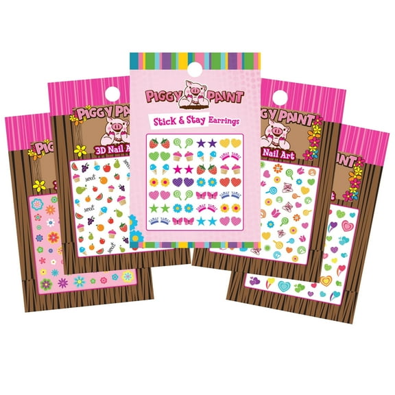 Piggy Paint 5 pack Nail Art & Stick-on Earrings Bundle for Kids