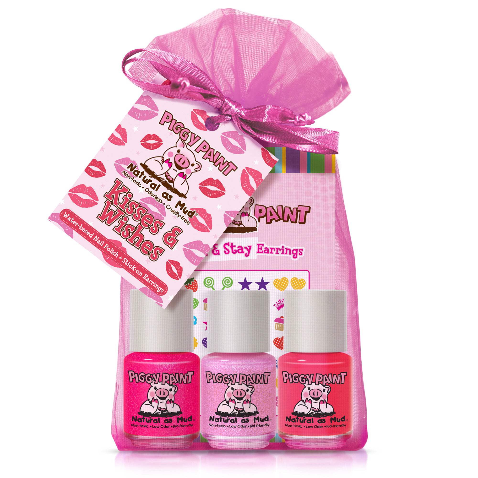 Piggy Paint Kisses & Wishes Gift Set, 3 Kids Nail Polishes & Stick-on Earrings