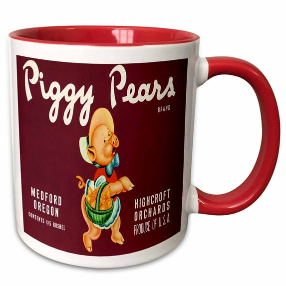 3drose, Piggy Pears Brand Highcroft Orchards Cute Pick with a Basket of Pears, 15oz Two-tone Red Mug