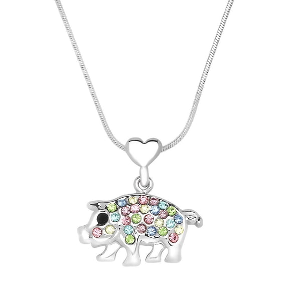 Piggy Pendant Necklace Multicolor Rhinestone Crystal Rhodium Plated 17 Inch Snake Chain J0235-MT
