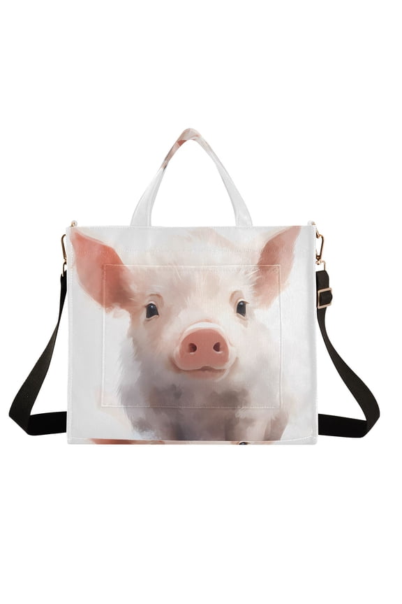 Piggy Pig Corduroy Tote Bag Handbag Large Messenger Bag Shoulder Crossbody Zipper Bag Purse