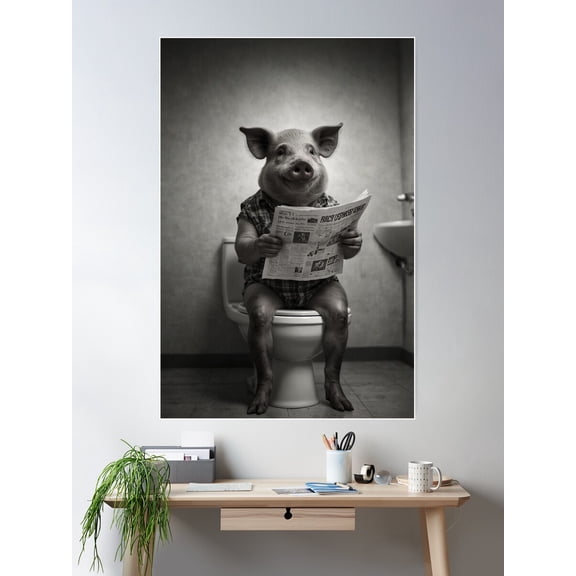 Piggy'S Bathroom Break €“ Comedic Animal Art Poster Wall Art, Modern Wall Decor For Living Room Bedroom, 12x18 UNFRAMED