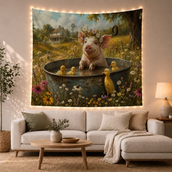 Piglet with Ducklings in Farmhouse Meadow, Nostalgic Farmhouse for Animal Lovers, Nursery Wall Art Decor, Birthday Gift, Tapestry Wall Hanging for Nursery and Bedroom