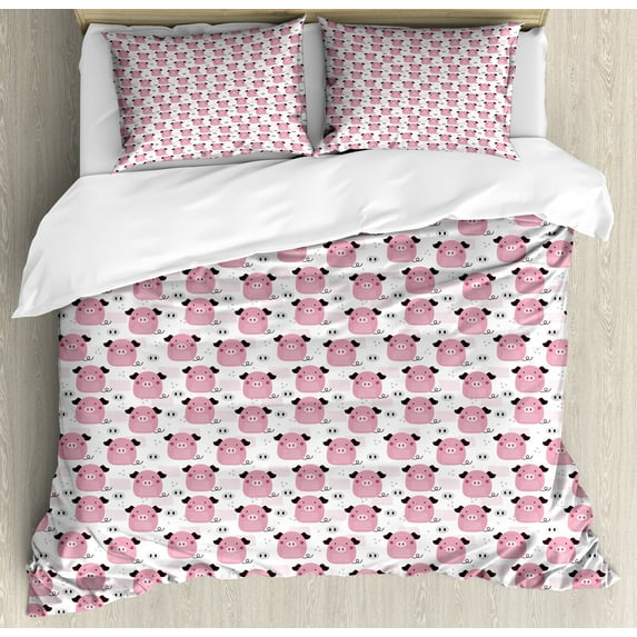 Piglet Duvet Cover Set, Repetitive of Pigs Polka Dots and Lines, Decorative 3 Piece Bedding Set with 2 Pillow Shams, Queen Size, Grey Pink, by Ambesonne
