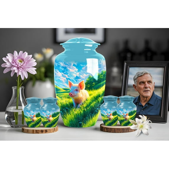 Piglet in Grass Field Cremation Urn Set – Large and Four Mini Aluminum Memorial Containers with Pastoral Piglet Theme – Animal Ashes Collection with Threaded Lids – 10" Large + 4x3" Keepsake
