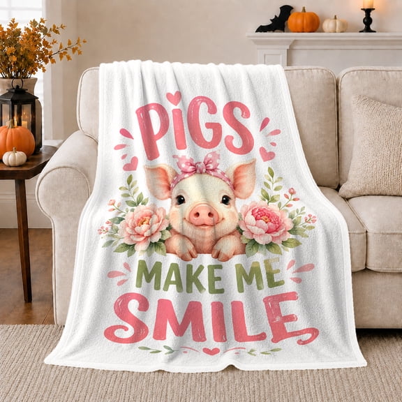 Piglet Pink Peonies Pigs Make Me Smile Farmhouse, Cozy Friendship Quote Scene, Warm Flannel Blanket for Ranch House and Living Room, Art Lovers Thanksgiving Gift, Playful Home Decor