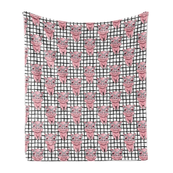 Piglet Soft Flannel Fleece Throw Blanket, Nerdy Pig Animal on a Checkered Background Watercolor Paint Design Print, Cozy Plush for Indoor and Outdoor Use, 50" x 60", Pink and Multicolor, by Ambesonne