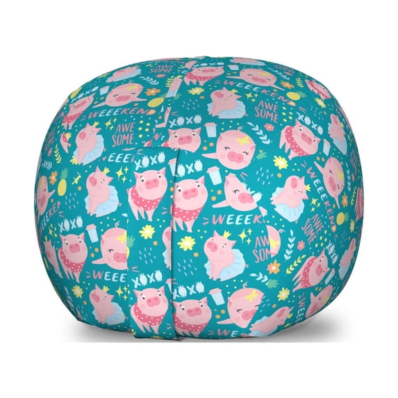Piglet Storage Toy Bag Chair, Continuous Pig Pineapples and Flowers Weekend Xoxo Lettering Cartoon Print, Stuffed Animal Organizer Washable Bag, Large Size, Sea Blue Multicolor, by Ambesonne