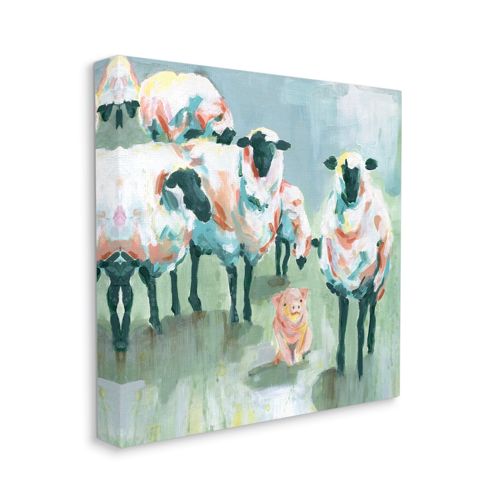 Piglet in Flock of Sheep Adorable Farm Animal Animals & Insects Gallery-Wrapped Canvas Print Wall Art, 17x17