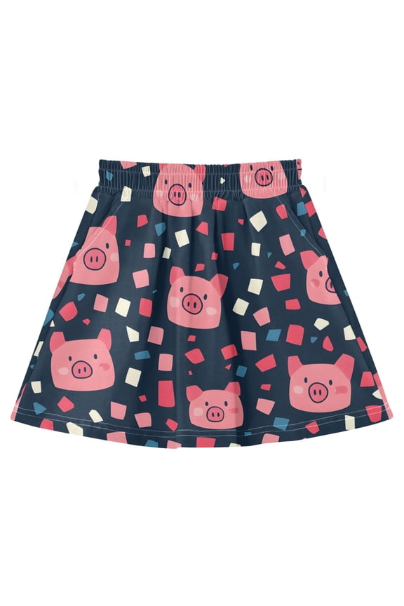 Piglets Confetti Pattern Cotton Skirt Built-in Liner Elastic A-Line Flared Skirt with Pockets
