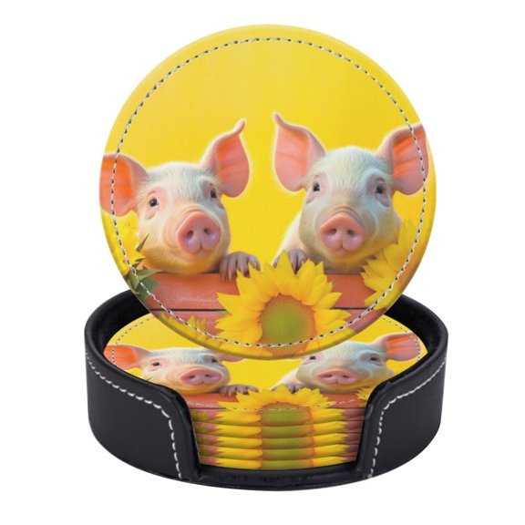 PU Leather Coasters for Drinks Bar Beer,Set of 6 with Holder,Round Housewarming Gift,Piglets Sitting On Sunflowers With Yellow Background