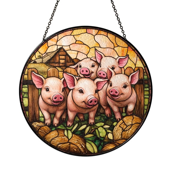 Piglets Stained Glass Suncatcher Window Hanging Decor, Cute Piglets Sun Catcher Ornament, Farm Animal Window Art, Rustic Farmyard Scene Window Hanging, Gift for Animal Lovers