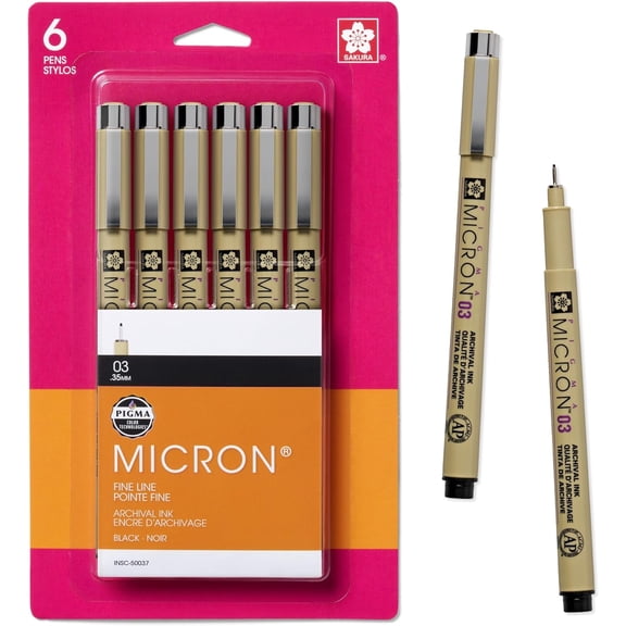 Pigma Micron Fineliner Pens, 03 Tip Size, Archival Black Ink, 6PK 50037
