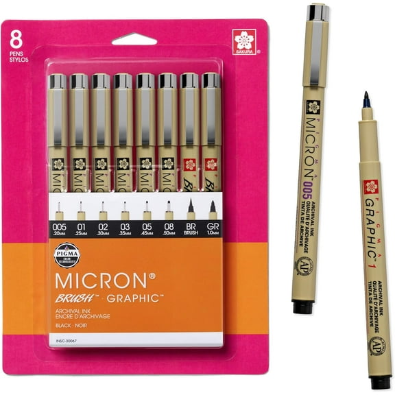 Pigma Micron Graphic & Brush Fineline Pens Archival Black Ink 8 PK 30067