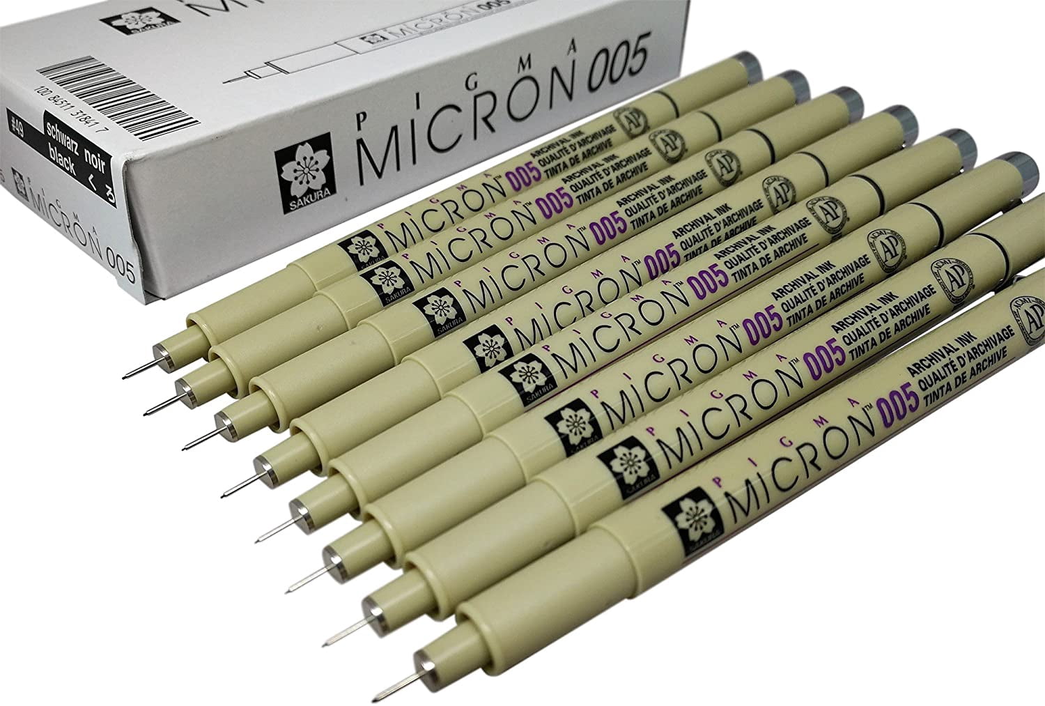 Pigma Micron pen 005 Black ink marker felt tip pen, Archival pigment ink, fine point for artist drawing pens - 8 pen set