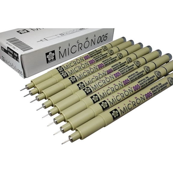 Pigma Micron pen 005 Black ink marker felt tip pen, Archival pigment ink, fine point for artist drawing pens - 8 pen set