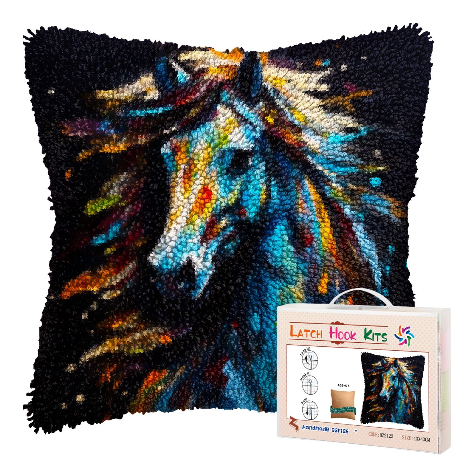 Pigment Colorful Animal Horse DIY Latch Hook Pillow Kits for Adults Printed Pillowcase Crochet Yarns Hooking Handmade Pillow Cover Cushion for Home Sofa Decoration 17x17inch