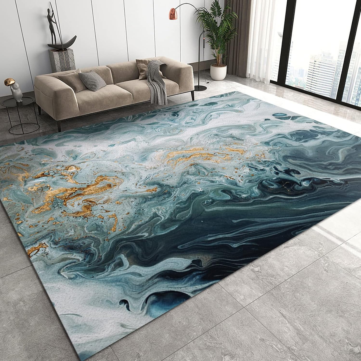 Pigment Fusion Theme Area Rug, White Green Watercolor Fluid Texture ...