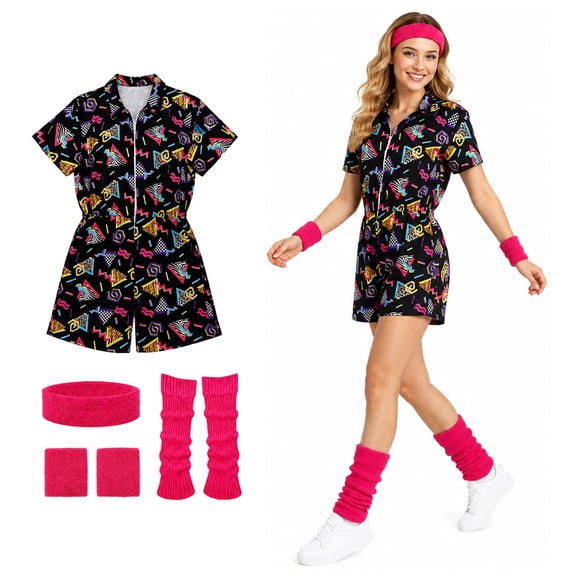 Pigmiss 4 Pieces 80s 90s Outfit for Women Retro Theme Party Disco Jumpsuit Hawaiian One-Piece Bodysuits Costume