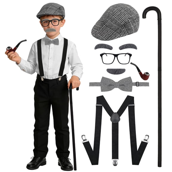 Pigmiss 6 Pieces Kids Grandpa Old Man Costume Set, Vintage Gentleman Dress Up Kit for 100 Days of School Halloween Cosplay Party