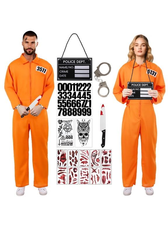 7 Pieces Men Women Orange Jail Jumpsuit Halloween Inmate Uniform Cosplay Costume Outfit for Adults-XL